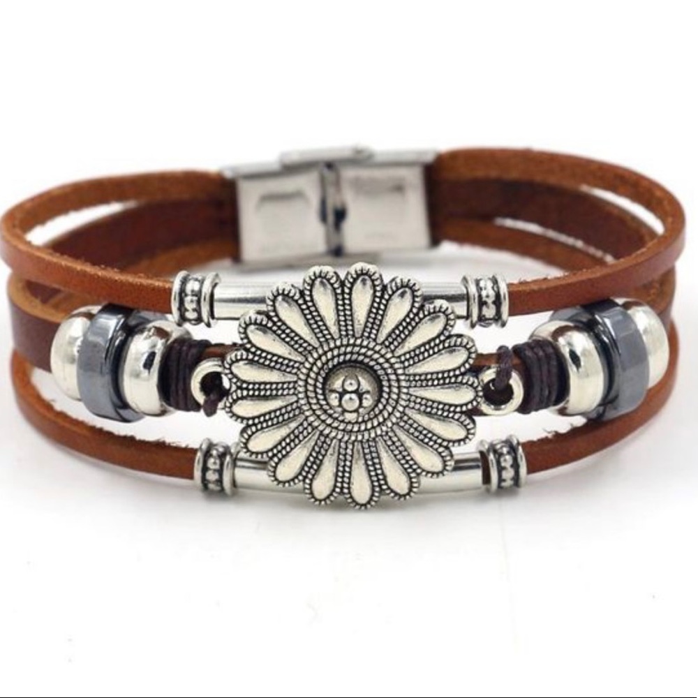 Silver Bohemian Flower Beaded Multi Layer Genuine Brown Leather Bracelet! - Picture 5 of 6
